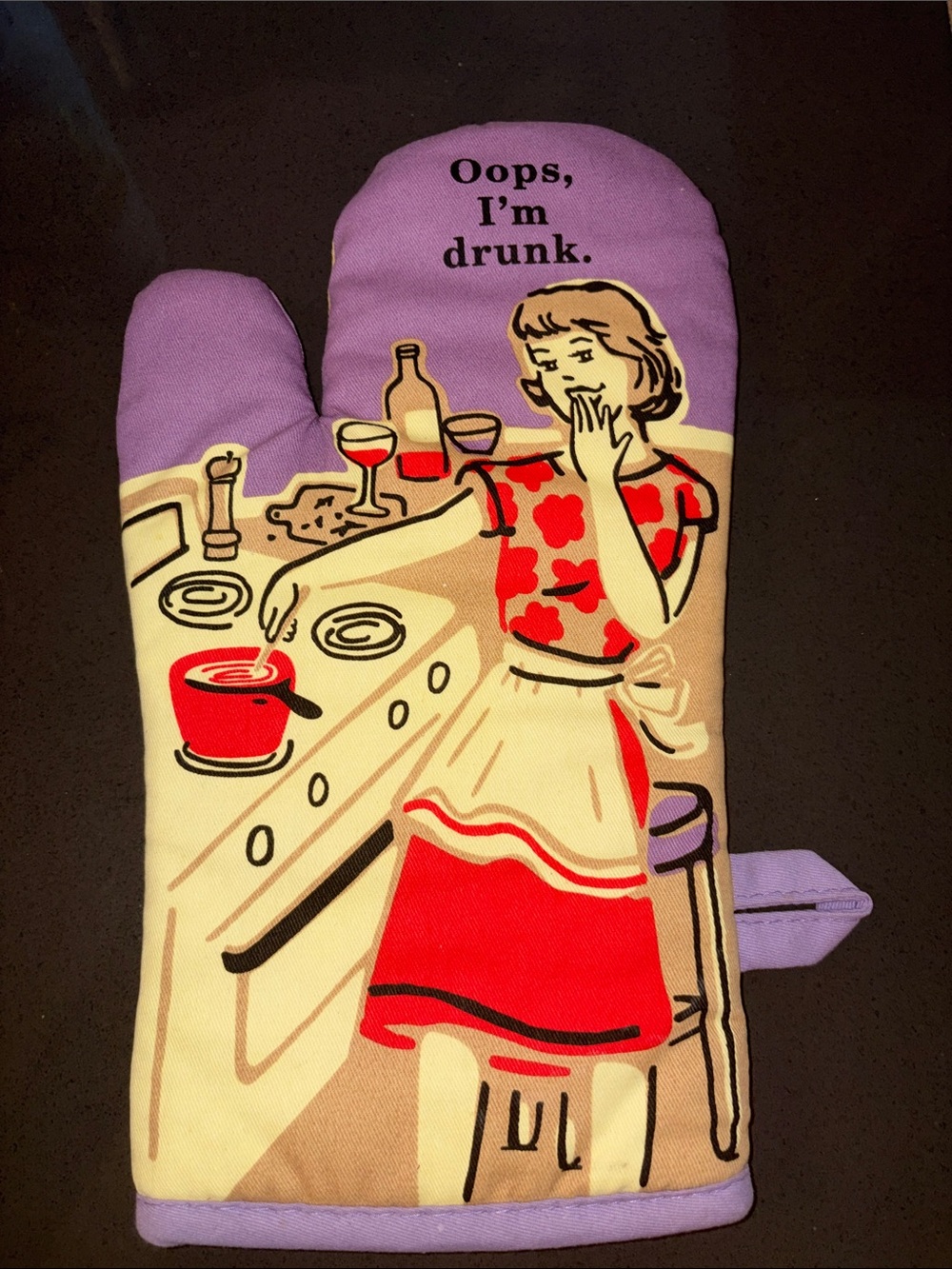 Novelty Lavender Oven Mitt – 'Oops, I'm Drunk.'